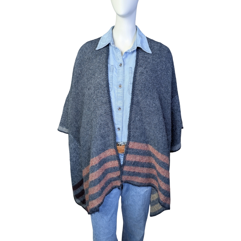 Knit Poncho Shawl, Reversible | Striped Wrap | Oversized One Size - Picture 4 of 5